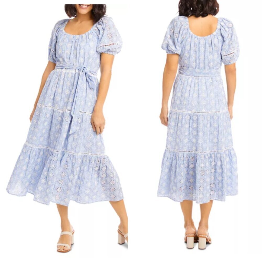 Karen Kane Tiered Embroidered Eyelet Puff Sleeve Midi Dress Cottagecore Boho XS